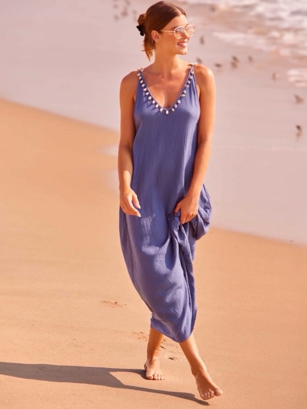 Ibiza by Anne Cole V-Neck Seashell trimmed Maxi Dress Coverup Indigo Size Large